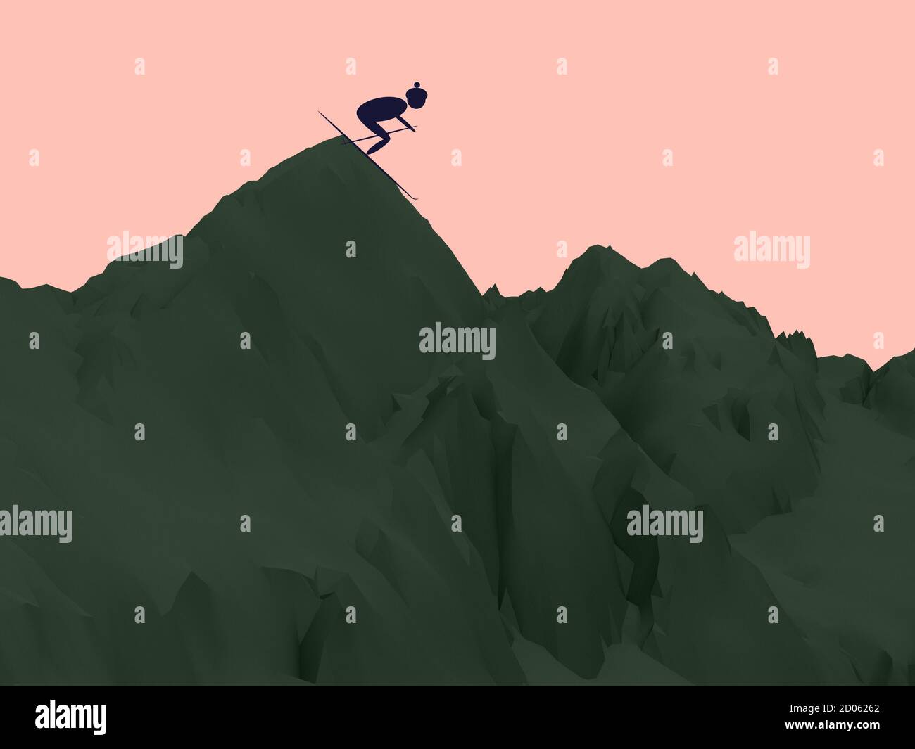 Dreidimensionale Darstellung von dunkelgrünen Berg auf pfirsichrosa Hintergrund. Einfache Illustration des purpurnen Skifahrers auf dem Gipfel des Berges. 3D-Konzeptkunst Stockfoto