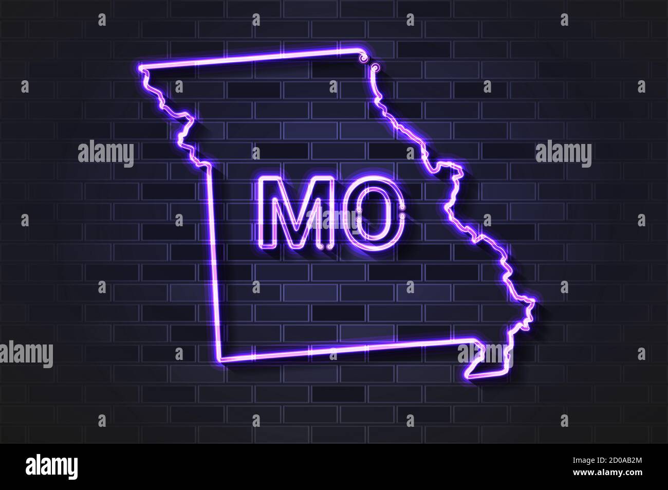 Missouri Karte Leuchtende Neonlampe oder Glasröhre. Realistische Darstellung. Schwarze Ziegelwand, weicher Schatten. Stockfoto
