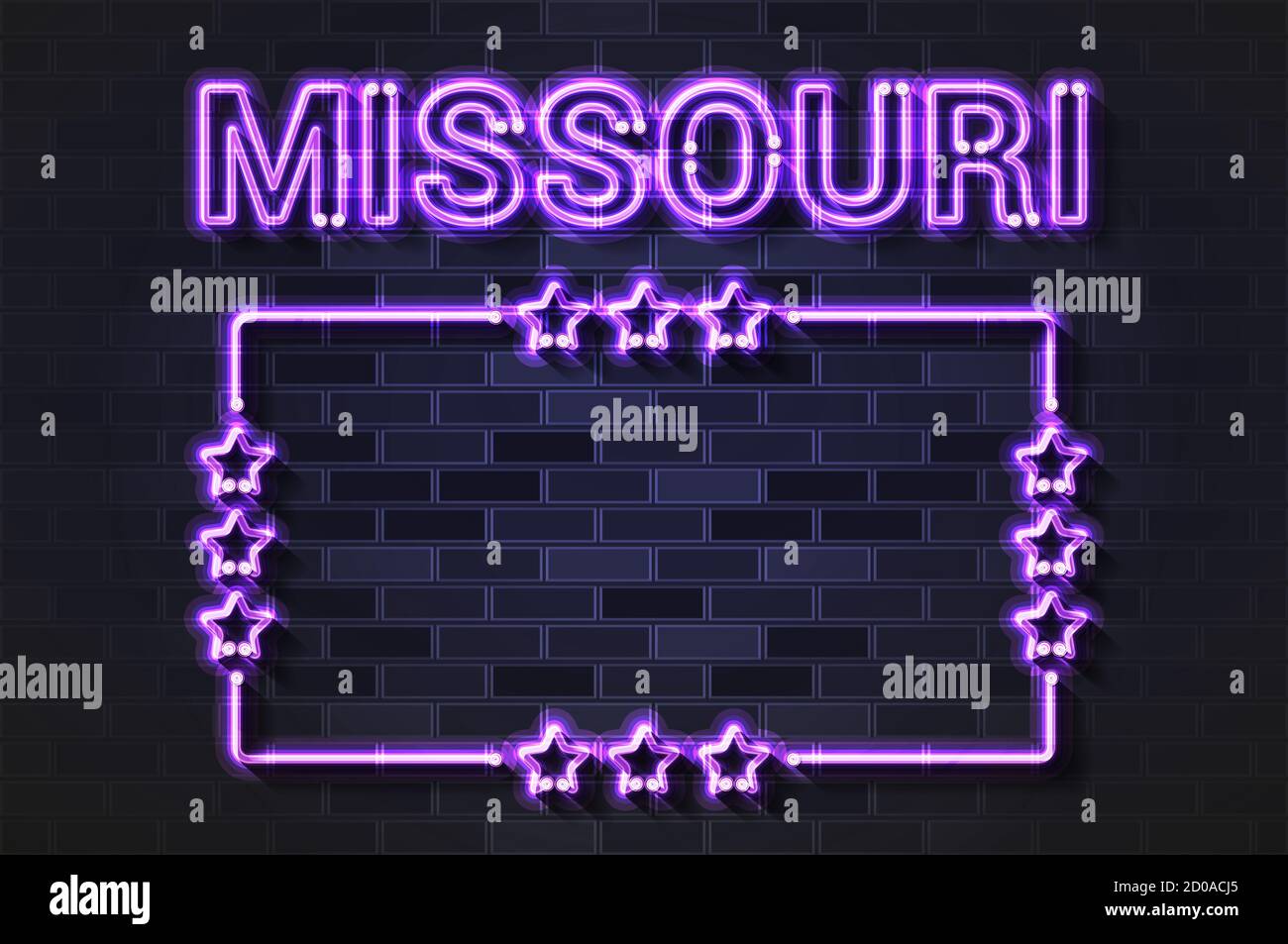 Missouri US State glühende violette Neonbuchstaben und Sternrahmen. Realistische Darstellung. Schwarze Ziegelwand, weicher Schatten. Stockfoto