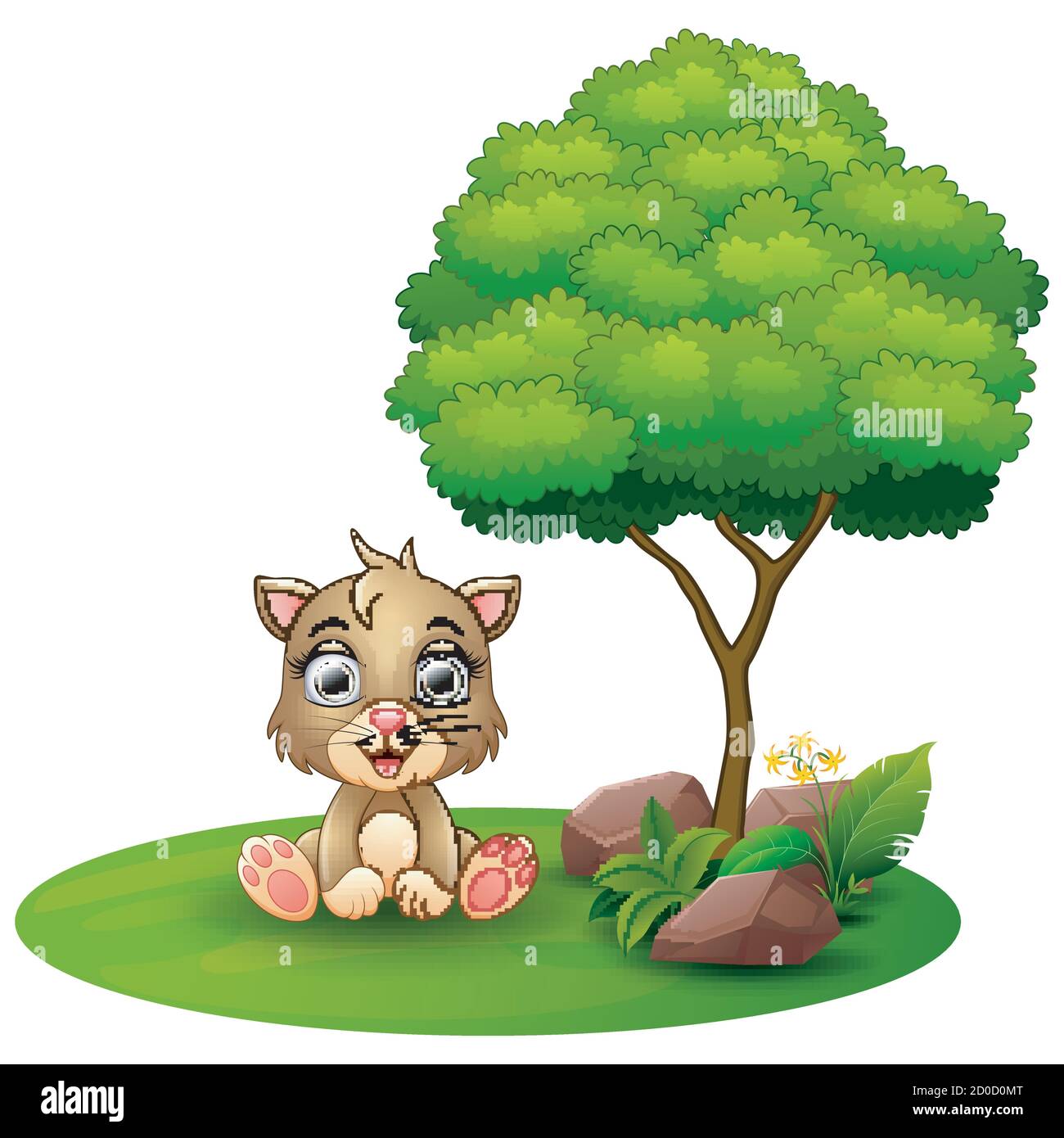 Cartoon Katze sitzt unter einem Baum auf einem weißen Hintergrund Stock Vektor