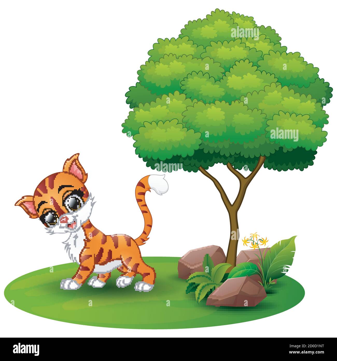 Vektor-Illustration von Cartoon Katze unter einem Baum auf einem Weißer Hintergrund Stock Vektor