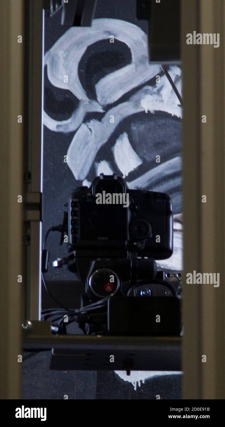 Eine Kamera auf einer mobilen roboterähnlichen Struktur bewegt sich über Pablo Picassos 'Guernica' Gemälde im Reina Sofia Museum in Madrid 28. Februar 2012. Experten sorgen sich schon lange um die Gesundheit von Picassos 'Guernica', einem der ikonischsten Gemälde der Welt, das aber nach einem hektischen Leben als äußerst empfindlich diagnostiziert wird. Eine mobile, roboterartige Struktur, die fortschrittliche Infrarot- und Ultraviolettfotografietechnologie verwendet, nimmt Tausende von mikroskopischen Aufnahmen des Gemäldes auf, um Analysten zu ermöglichen, das Werk wie nie zuvor zu durchdringen und seinen wahren Zustand zu sehen. Der Mechanismus hat sein Stockfoto