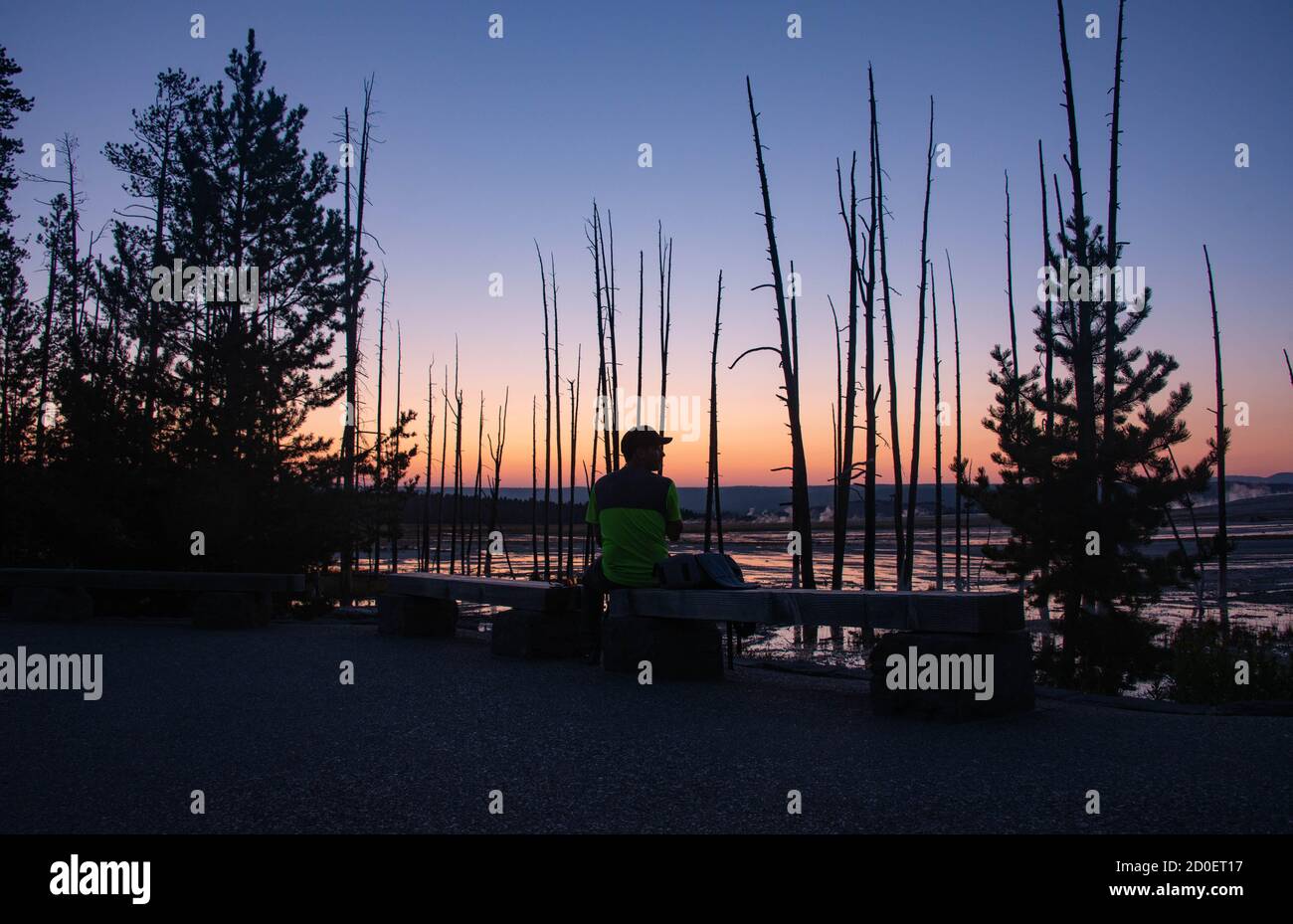 Sonnenuntergang im Fountain Paint Pots, Lower Geyser Basin, Yellowstone National Park, Wyoming, USA Stockfoto