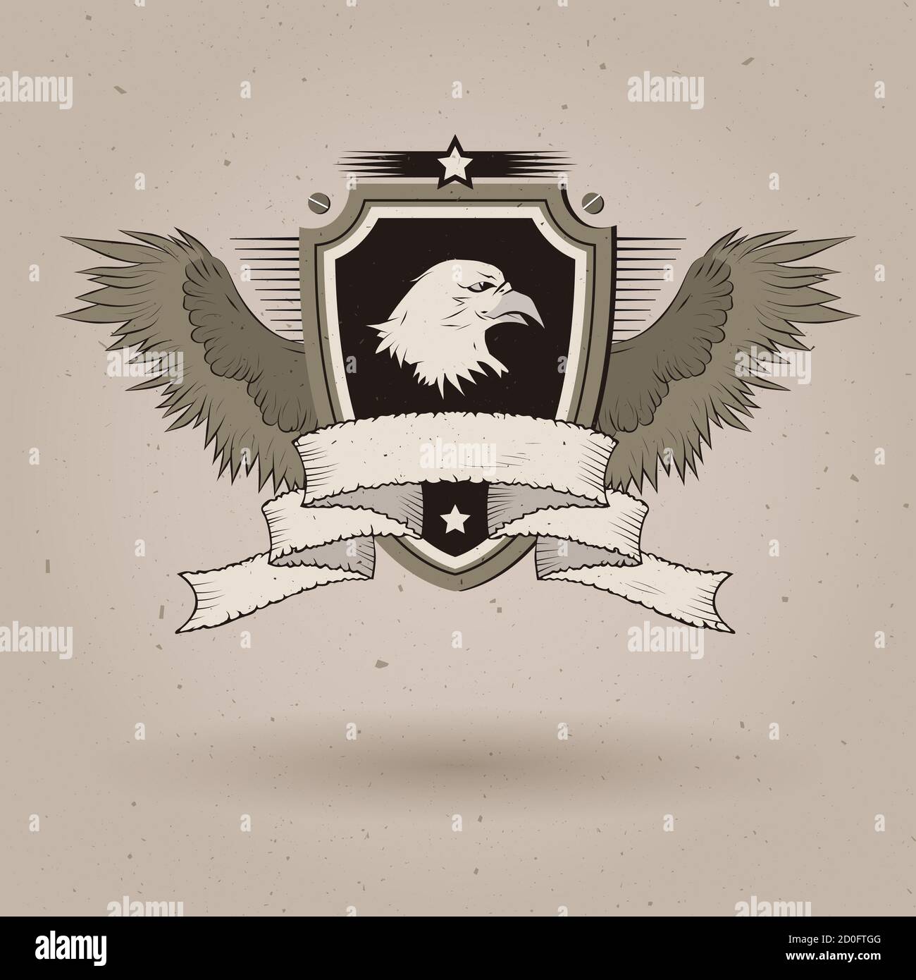 Vektor Weißkopfseeadler Kopf auf Schild. Mit zerfetztem Banner und Flügeln. Stock Vektor