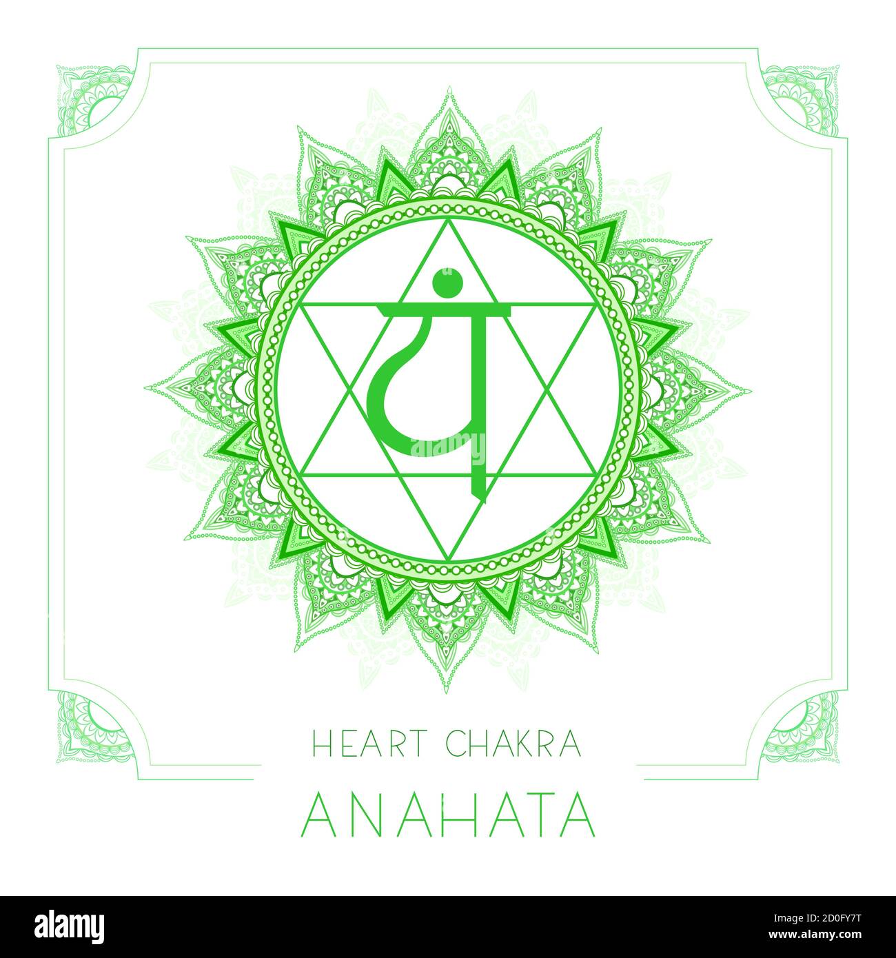 Vektor-Illustration mit Symbol Anahata - Herz-Chakra und dekorativen Rahmen auf weißem Hintergrund. Rundes Mandala-Muster und handgezeichneter Schriftzug. Farbe Stock Vektor
