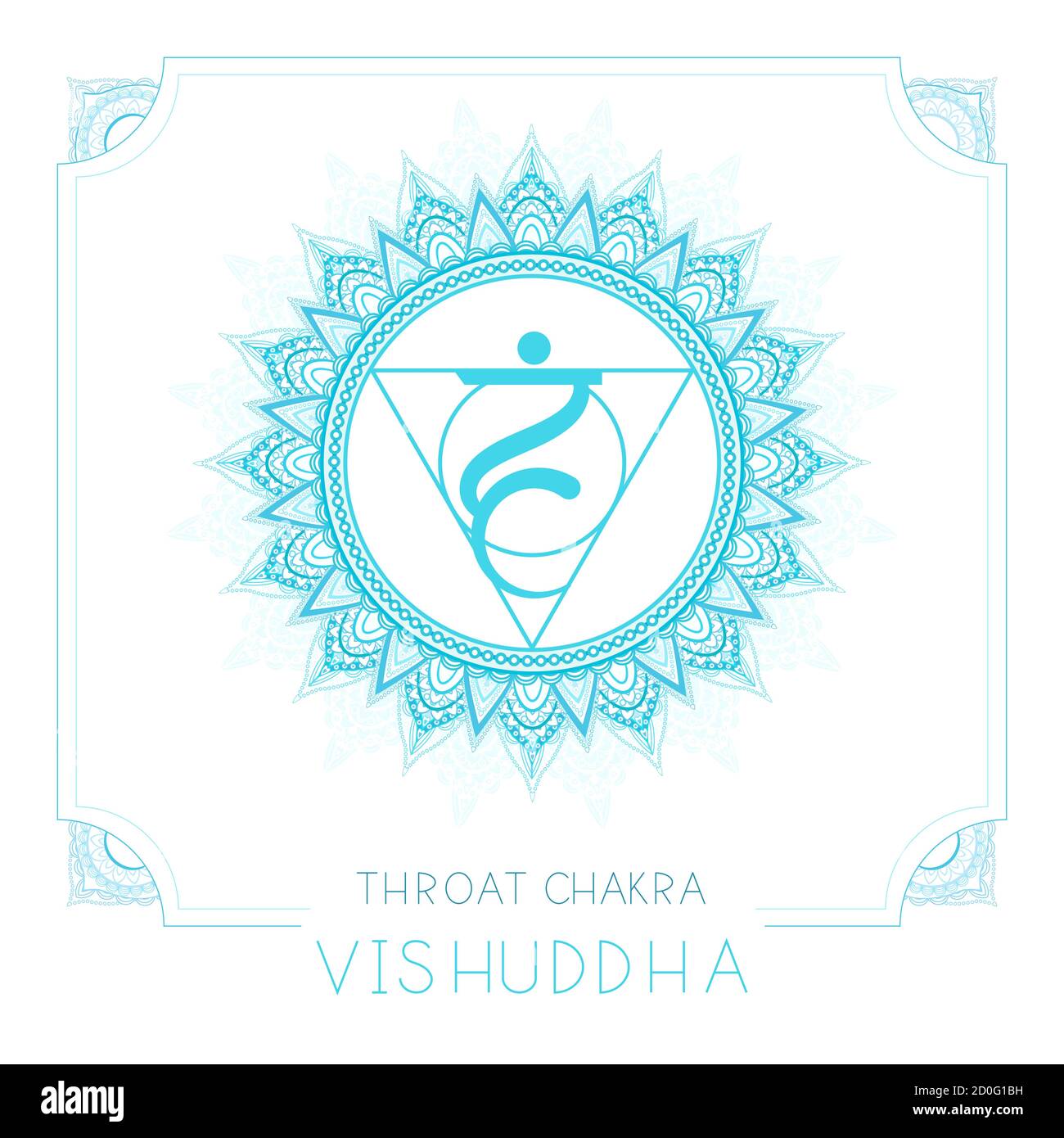 Vektor-Illustration mit Symbol Vishuddha - Kehle Chakra und dekorativen Rahmen auf weißem Hintergrund. Rundes Mandala-Muster und handgezeichneter Schriftzug. Co Stock Vektor