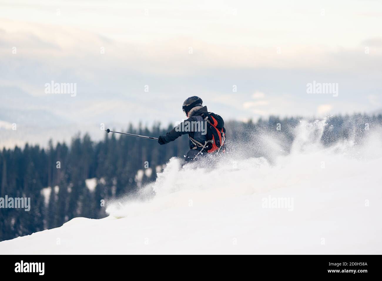 Rückansicht des Skifahrers Backpacker, der vom Berg in tiefweißem Schneepulver absteigt. Skifahrer auf hohem Hang. Konzept der beliebten Winter extreme Amateursport. Blick auf die Berge und den Wald. Grauer Himmel auf dem Hintergrund. Stockfoto
