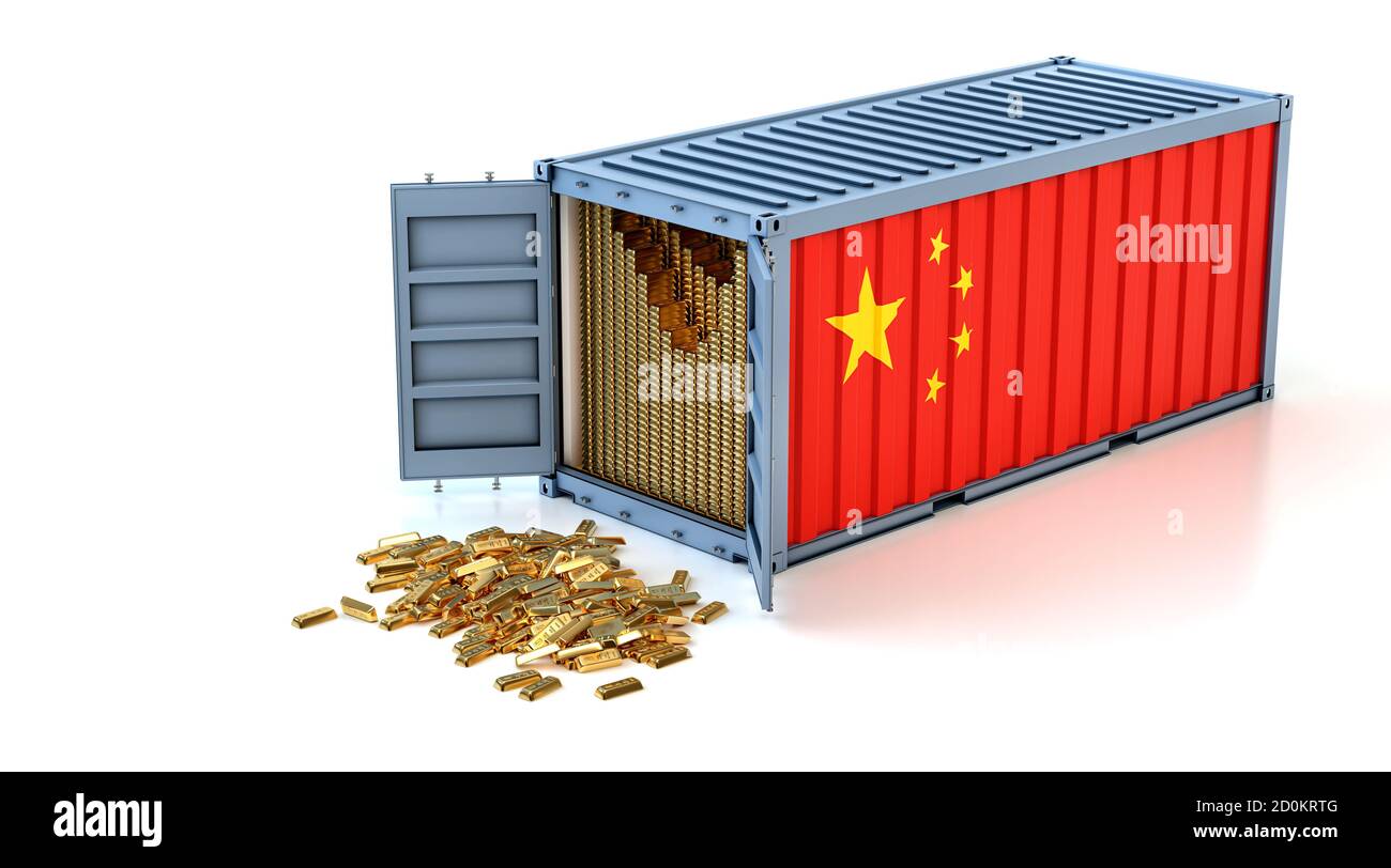 Frachtcontainer mit China Flagge mit Gold Bars. Einige Goldbarren auf dem Boden verstreut - 3D-Rendering Stockfoto