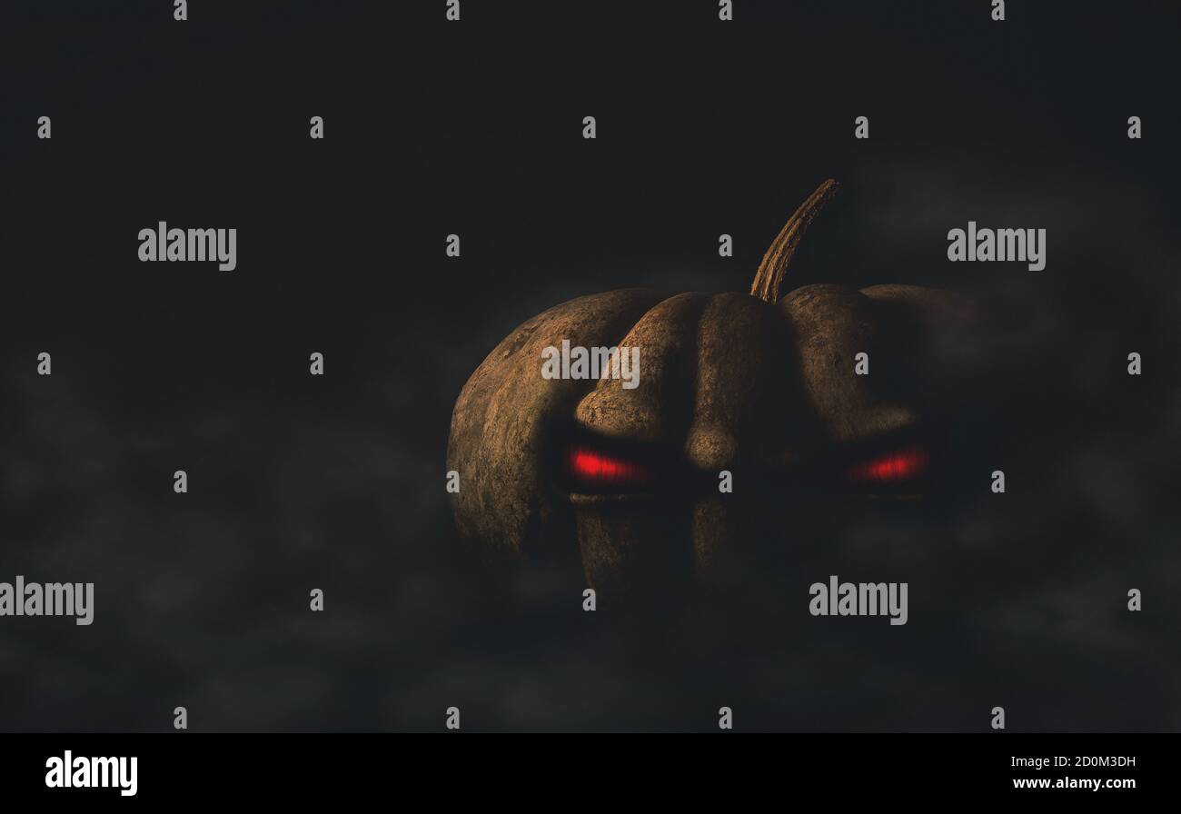 halloween Kürbis mit bösen roten Augen, Illustration von bösen Kürbis im Dunkeln bei Nacht mit Nebel, dramatische Horrorszene, mystische und gruselige Foto Stockfoto