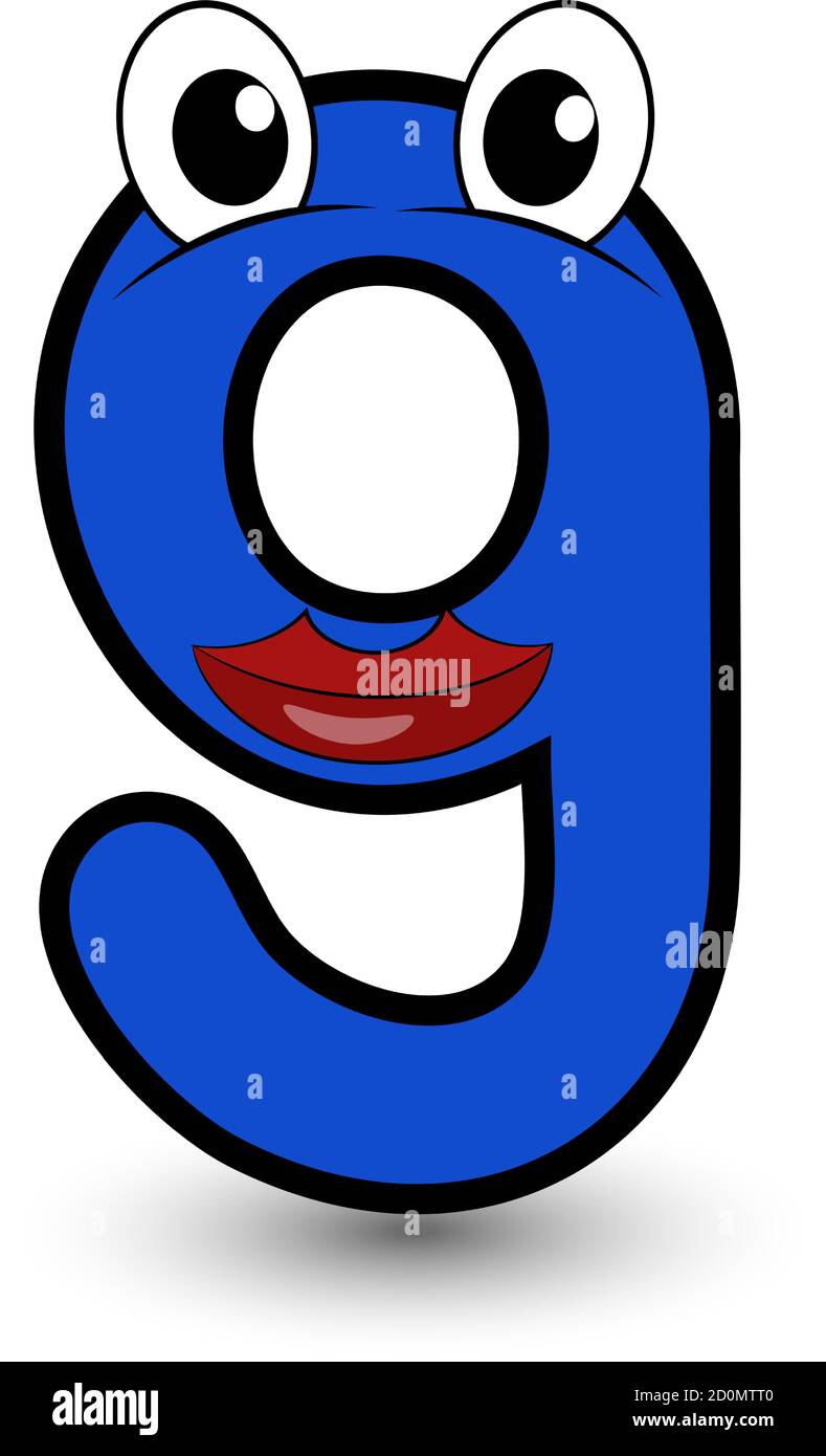 Lustige Hand gezeichnet Cartoon gestylt Schriftart bunte blaue Zahl neun mit lächelndem Gesicht Vektor Alphabet Illustration isoliert auf weiß. Gut für Kinder lernen Stock Vektor