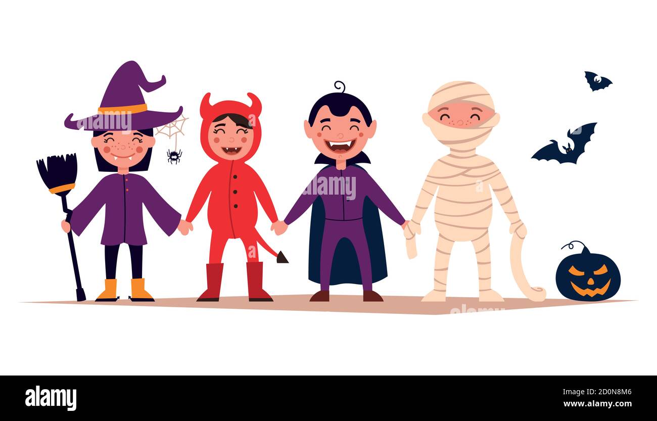 Frohe Halloween. Set von niedlichen Cartoon-Kids in bunten Halloween-Kostümen: Hexen, Dragula, Mama, Teufel. Set von Cartoon-Icons für Kinder Halloween Stock Vektor