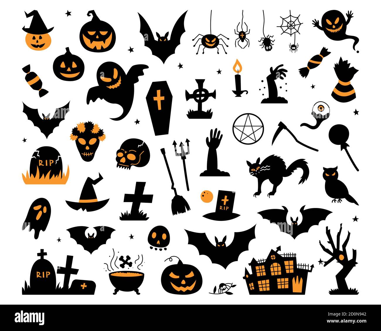 Happy Halloween Magic Kollektion, Zauberer Attribute, gruselige und gruselige Elemente für Halloween Dekorationen, Doodle Silhouetten, Skizze, Symbol, Aufkleber Stock Vektor