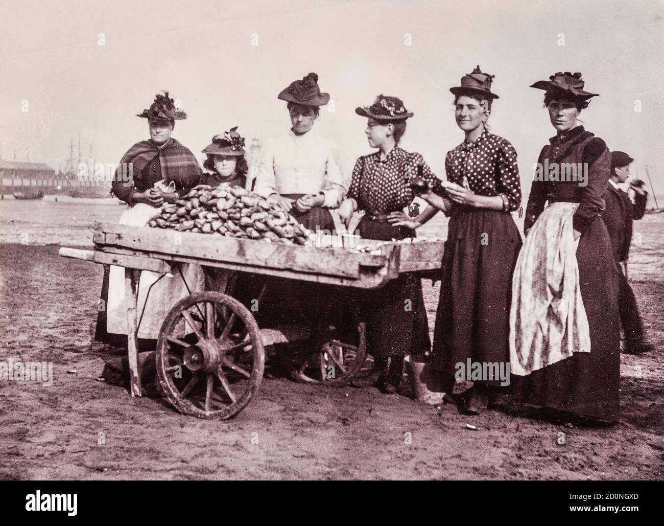 Frauen verkaufen frisch gefangenen Austern auf einem Schubkarren am Strand in der beliebten Ferienort Scarborough, North Yorkshire, Großbritannien, in etwa 1895. Austern waren ein Grundnahrungsmittel in Großbritannien, vor allem für die Armen Stockfoto