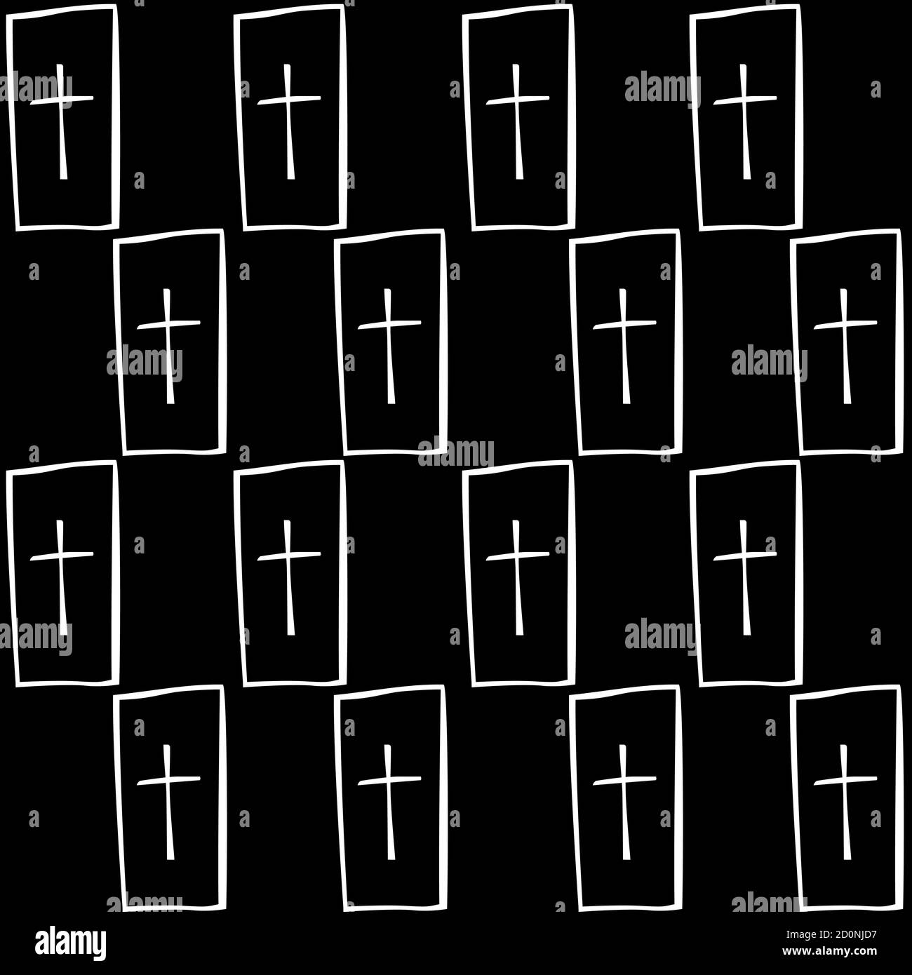 Weißer Grabstein mit Kreuz auf schwarzem Hintergrund. Nahtloses Muster. Linienvektordarstellung. Schwarz und Weiß Stock Vektor