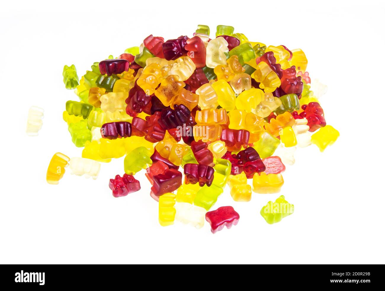 Haufen von verschiedenen bunten Gummibärchen Bonbons auf einem isoliert Weißer Hintergrund Stockfoto