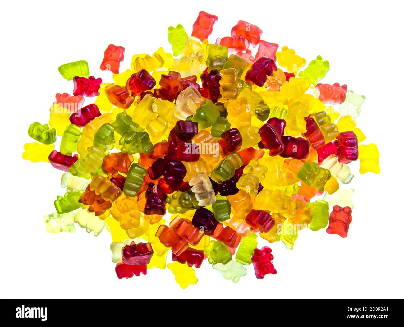 Haufen von verschiedenen bunten Gummibärchen Bonbons auf einem isoliert Weißer Hintergrund Stockfoto