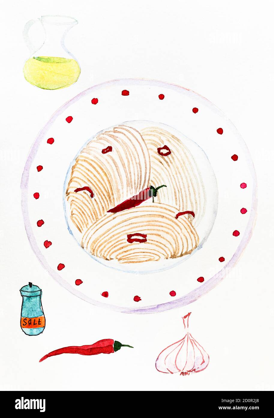 Draufsicht von Spaghetti aglio olio e peperoncino (Spaghetti mit Knoblauch, Öl und Chili) auf Teller von Hand gezeichnet von Aquarellen auf weißem Papier Stockfoto