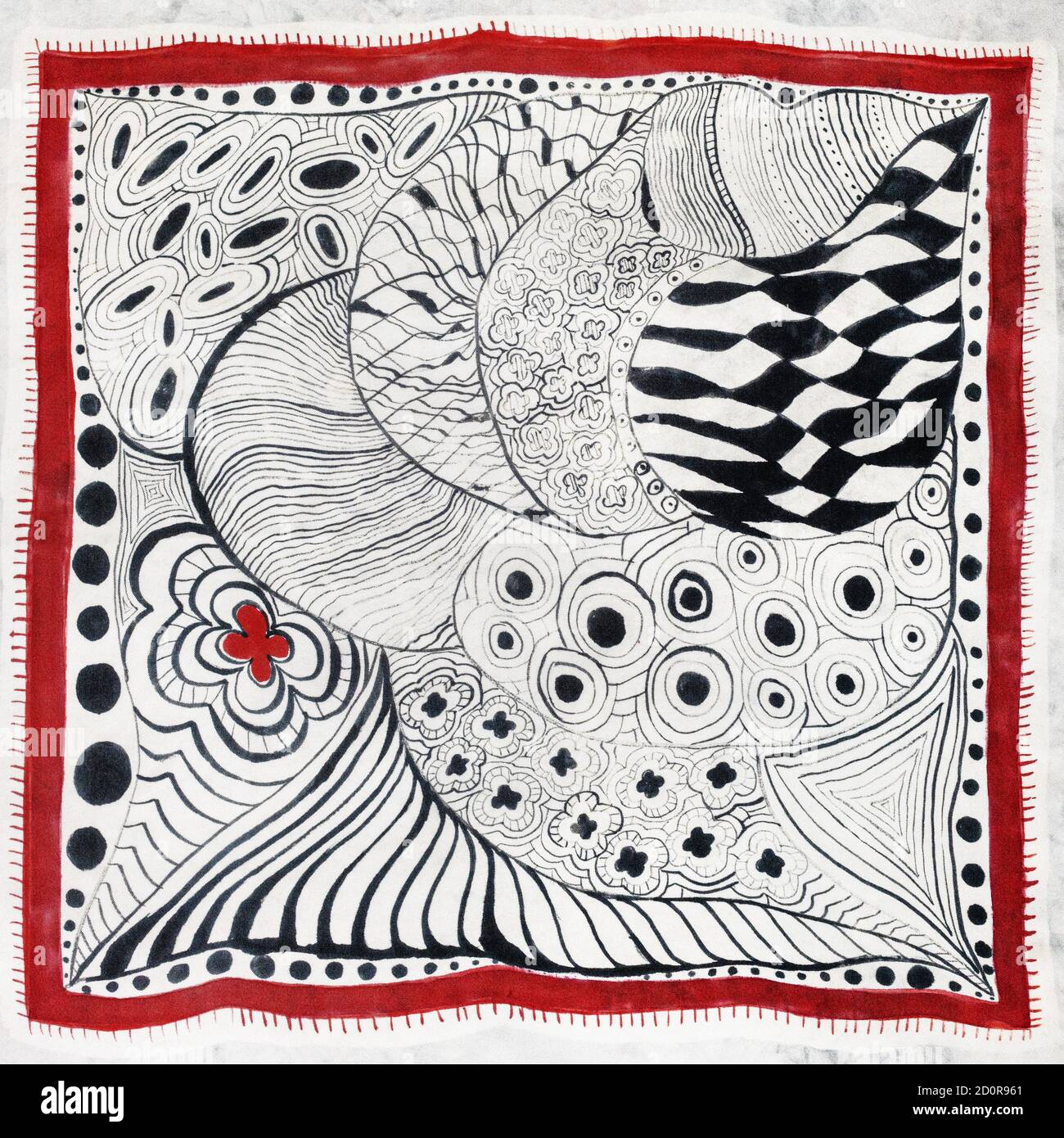 Textilhintergrund - grauer Seidenschal mit handgezeichneten abstrakten Bild Stockfoto