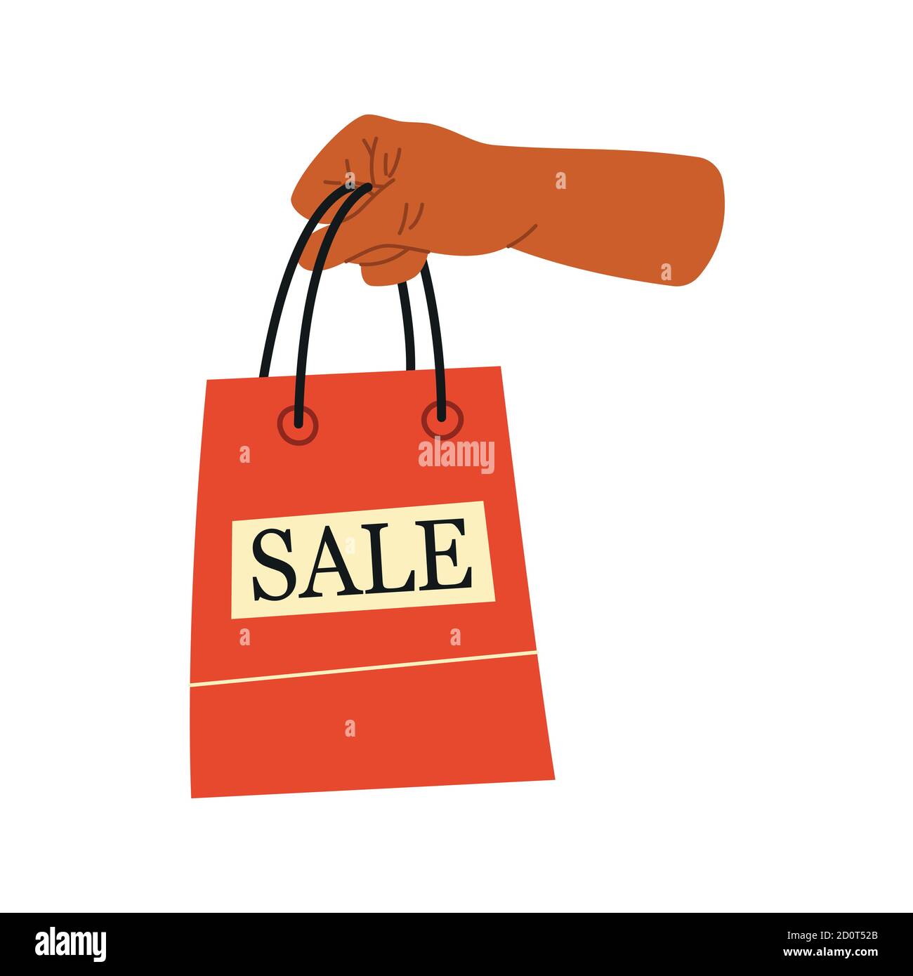 Weibliche Hand hält Einkäufe oder Geschenke. Verkaufsschild. Einkaufstasche, Geschenke. Handgezeichnete Vektorgrafik. Shopping, Rabatte, Verkaufskonzept Stock Vektor