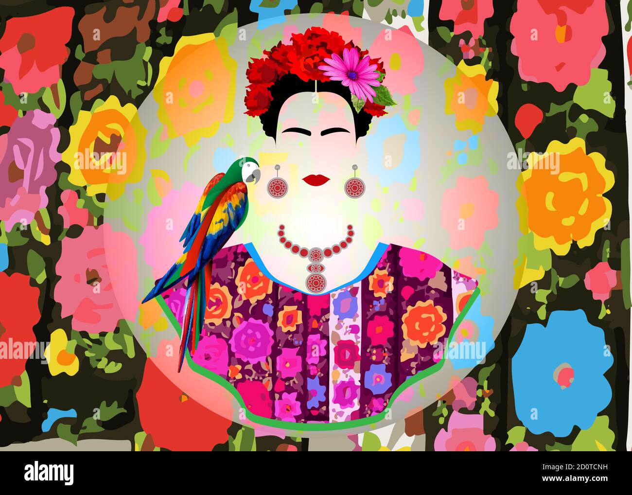 Frida Kahlo Vektor-Porträt und Papagei, schöne mexikanische Frau  traditionelle Frisur, mexikanische Kunsthandwerk Schmuck Ohrringe und  Halskette, mexikanischen Stil Stock-Vektorgrafik - Alamy