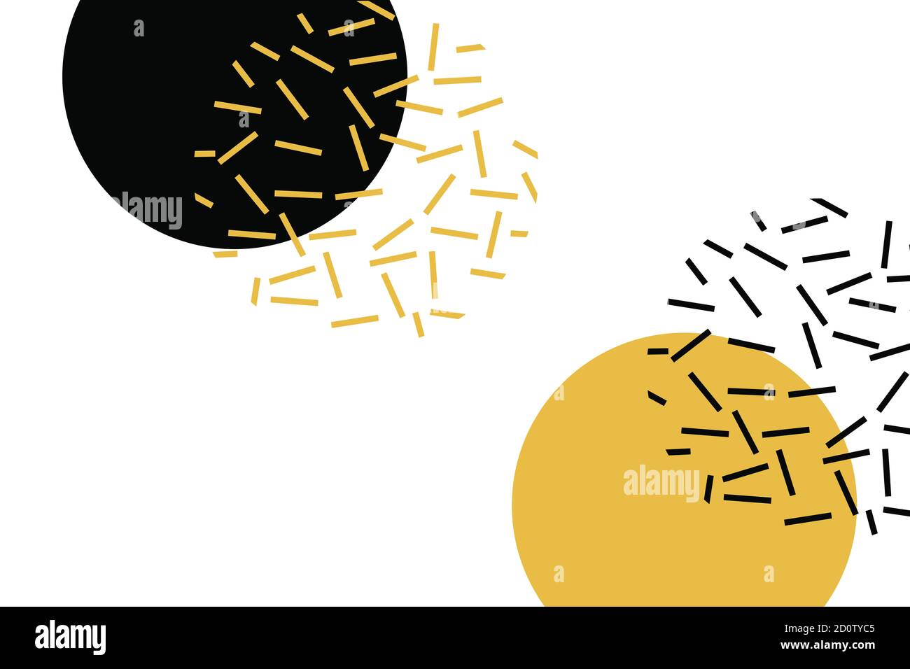 Abstrakter Hintergrund mit einfachen geometrischen Formen. Moderne, einfache und verspielte Vektorgrafik in gelben und schwarzen Farben. Kreise und Teilchenlinien ar Stockfoto