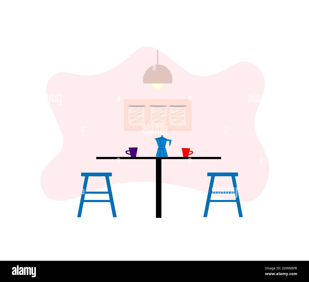 Esstisch mit zwei Stühlen und Mokka-Kaffee. Restaurant minimalistischer Raum. Millennial Lifestyle-Interieur. Flache, bearbeitbare Vektorgrafik, c Stockfoto