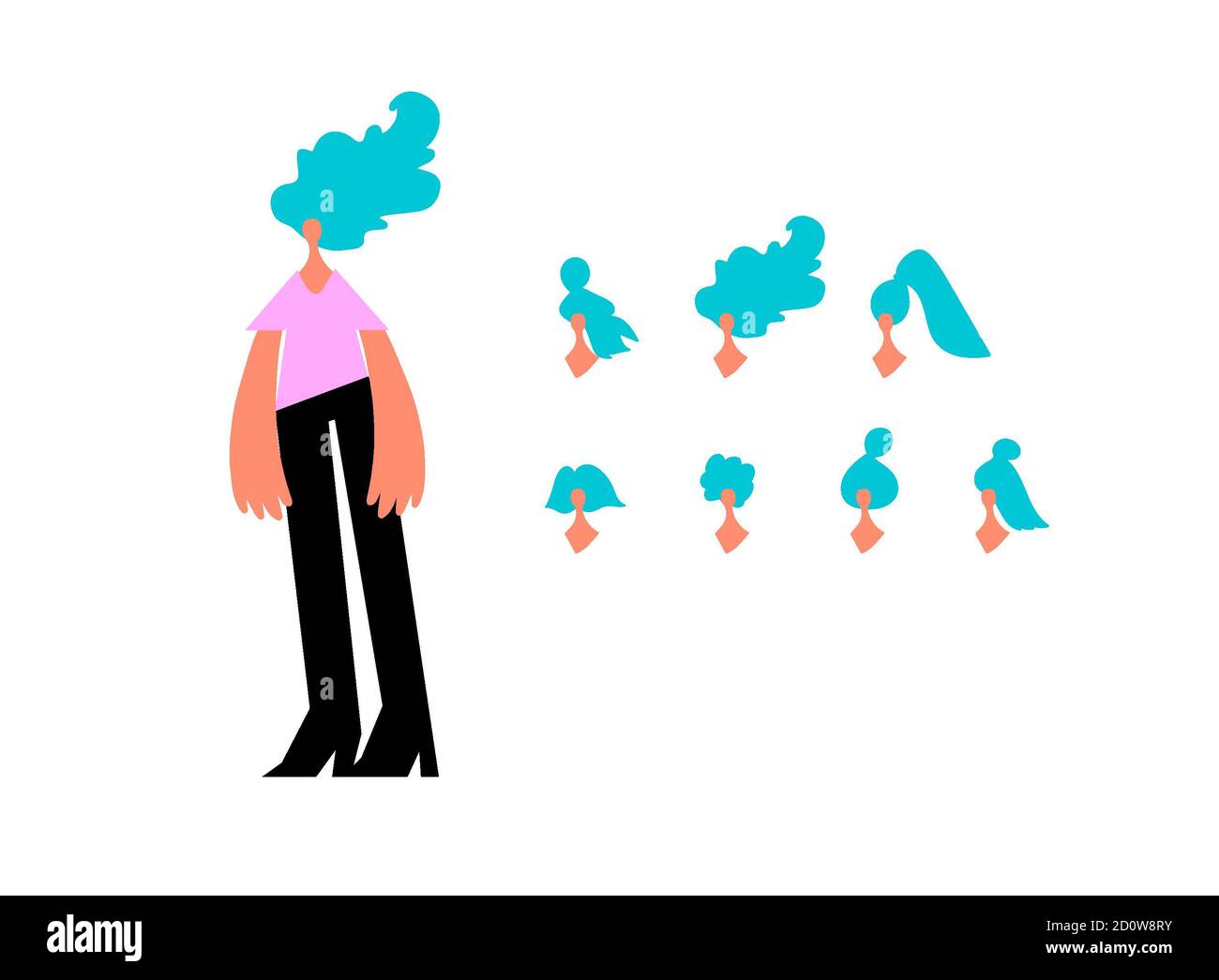 Cartoon Vektor Illustration von Frauen Charakter Kopf Avatare mit verschiedenen Haarschnitten gesetzt. Klassische trendige Frisur, lockiges Haar, kahl. Flaches Design ico Stockfoto