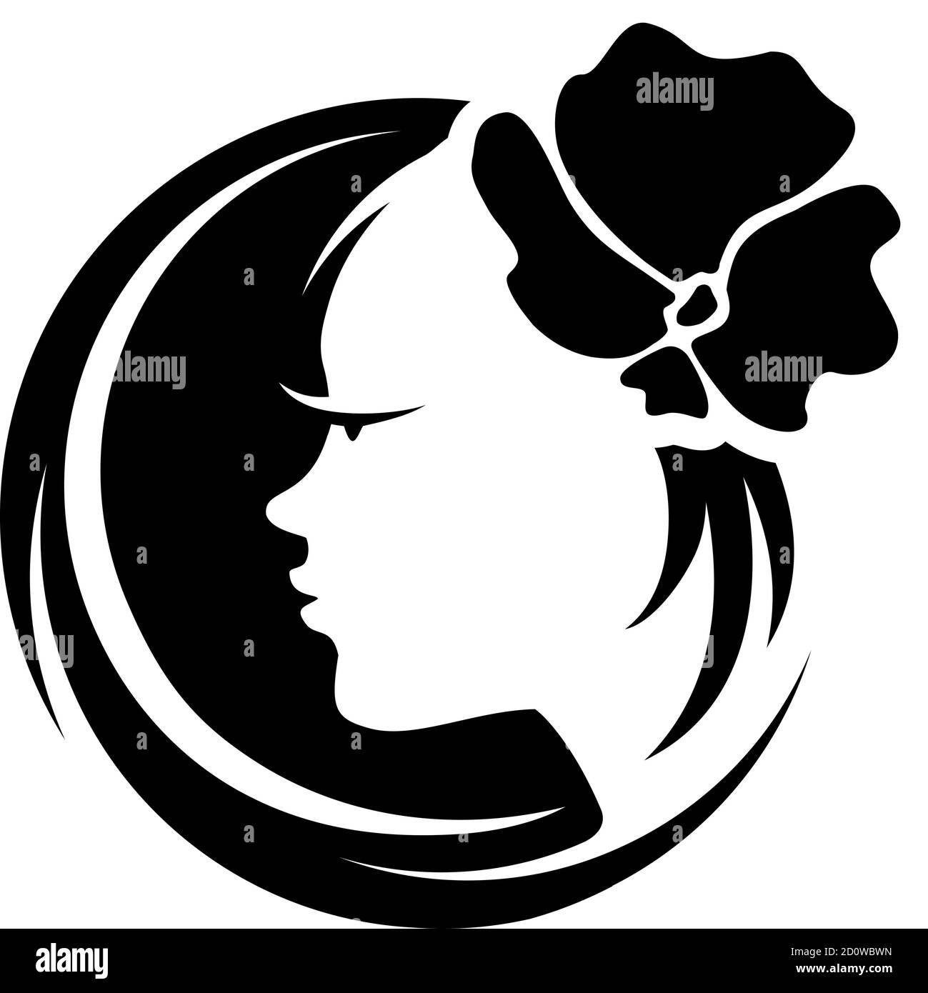 Frau Profil mit Blume im Haar. Abstraktes Designkonzept für Beauty Salon, Massage, Kosmetik und Spa. Vektor weiblich Logo Design Vorlage. Stock Vektor
