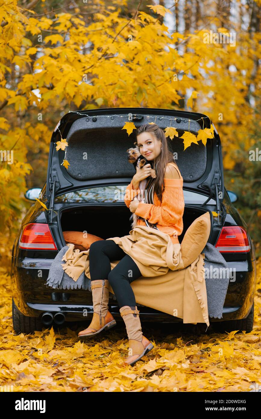 Eine junge Frau im Auto auf dem Kofferraum vor dem Hintergrund des Herbstwaldes sitzt entspannt und umarmt ihren Lieblingshund. Stockfoto