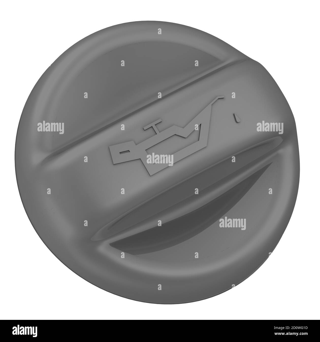 Motoröleinfülldeckel. Deckel Öleinfüllstutzen des Motors mit dem Bild des Öls isoliert auf weißem Hintergrund. 3D-Illustration Stockfoto