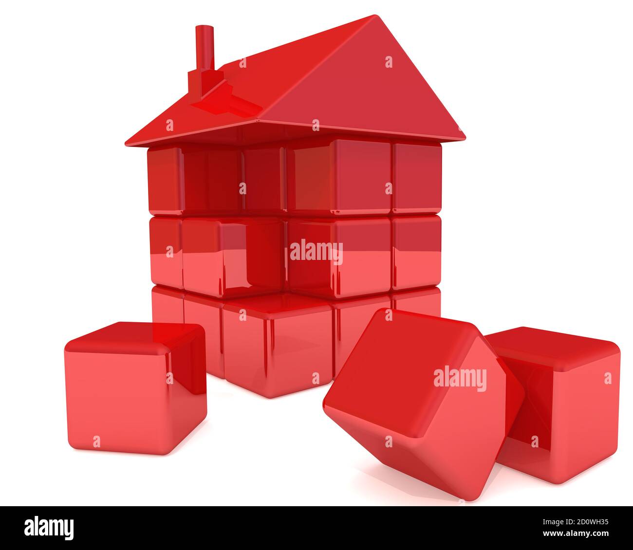 Haus aus roten Würfeln. Das 3d-Symbol des halb zerlegten Hauses aus roten Ziegeln. Isoliert. 3D-Illustration Stockfoto