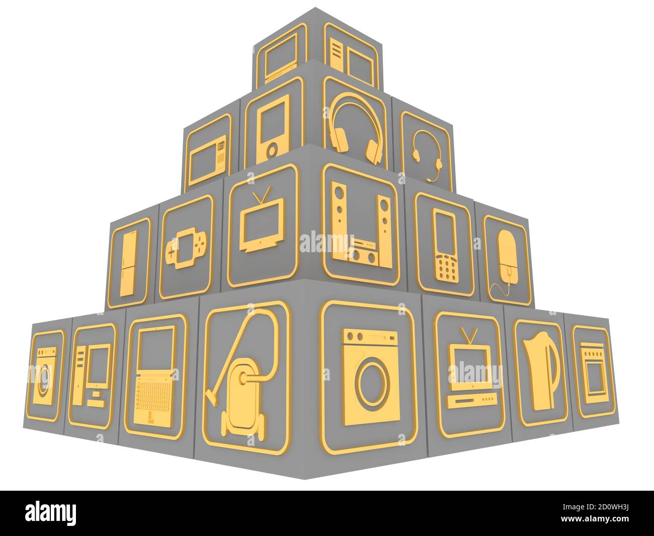 Würfel mit Symbolen der Haushaltselektronik. Würfel gestapelt Pyramide mit goldenen Symbolen der Unterhaltungselektronik. Isoliert. 3D-Illustration Stockfoto