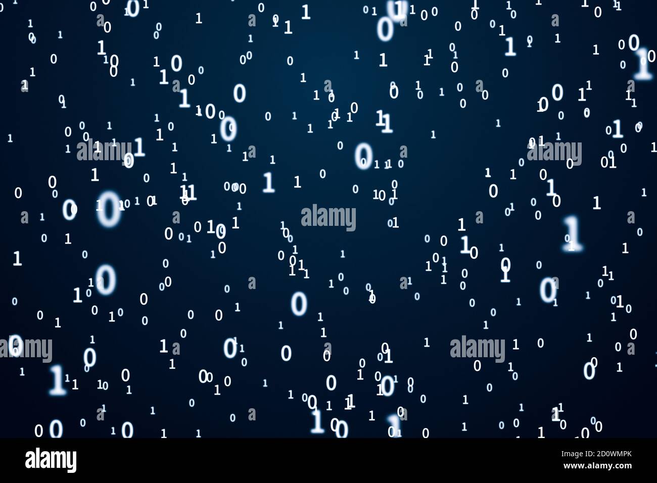 Binäre Codierungszahlen auf dunklem Hintergrund, 3d-Rendering. Digitale Zeichnung des Computers. Stockfoto