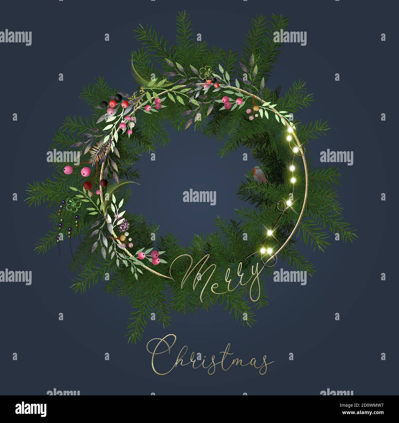 Weihnachtskranz mit Blumenmuster auf blauem Hintergrund. 3D-Illustration. Eleganter Blumenurlaub Stockfoto