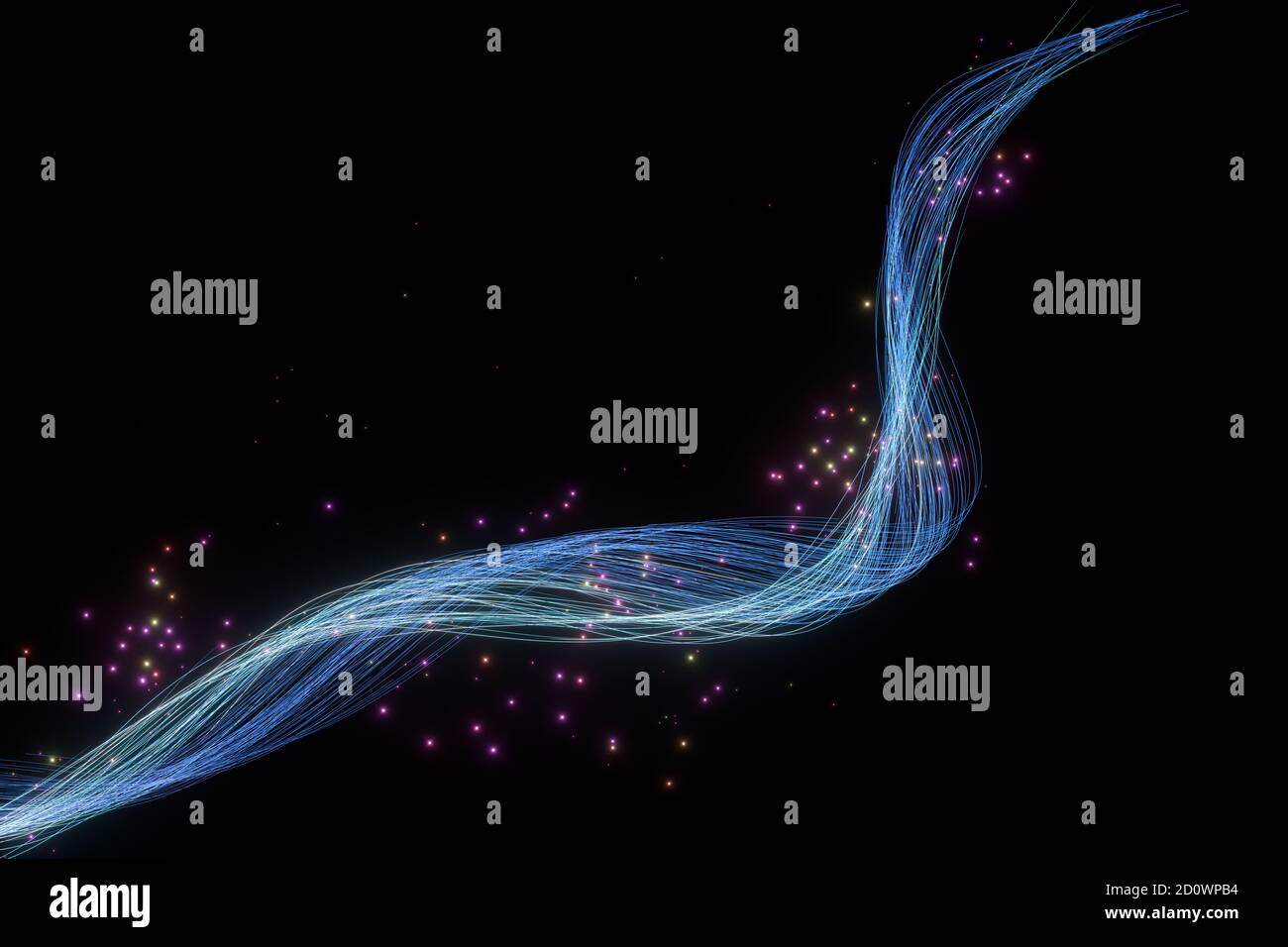 Fließende, leuchtende Neonlinien mit schwarzem Hintergrund, 3d-Rendering. Digitale Zeichnung des Computers. Stockfoto