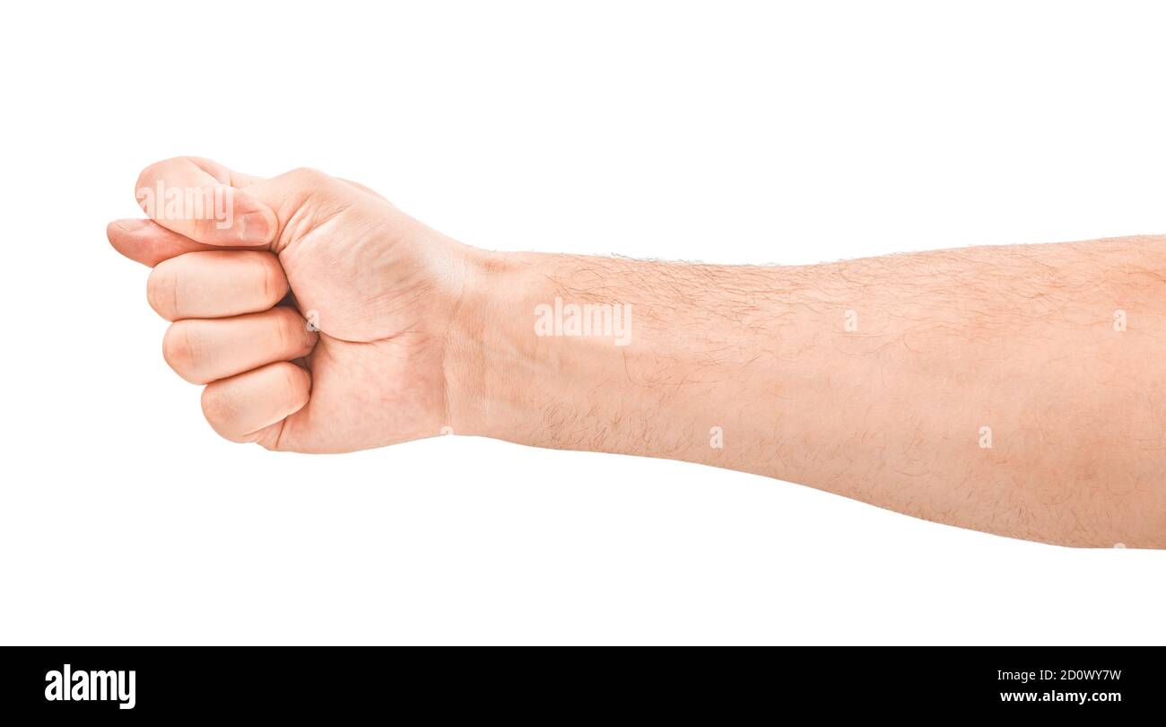Weibliche Hände negative Figa auf weißem Hintergrund. Isolation Stockfoto