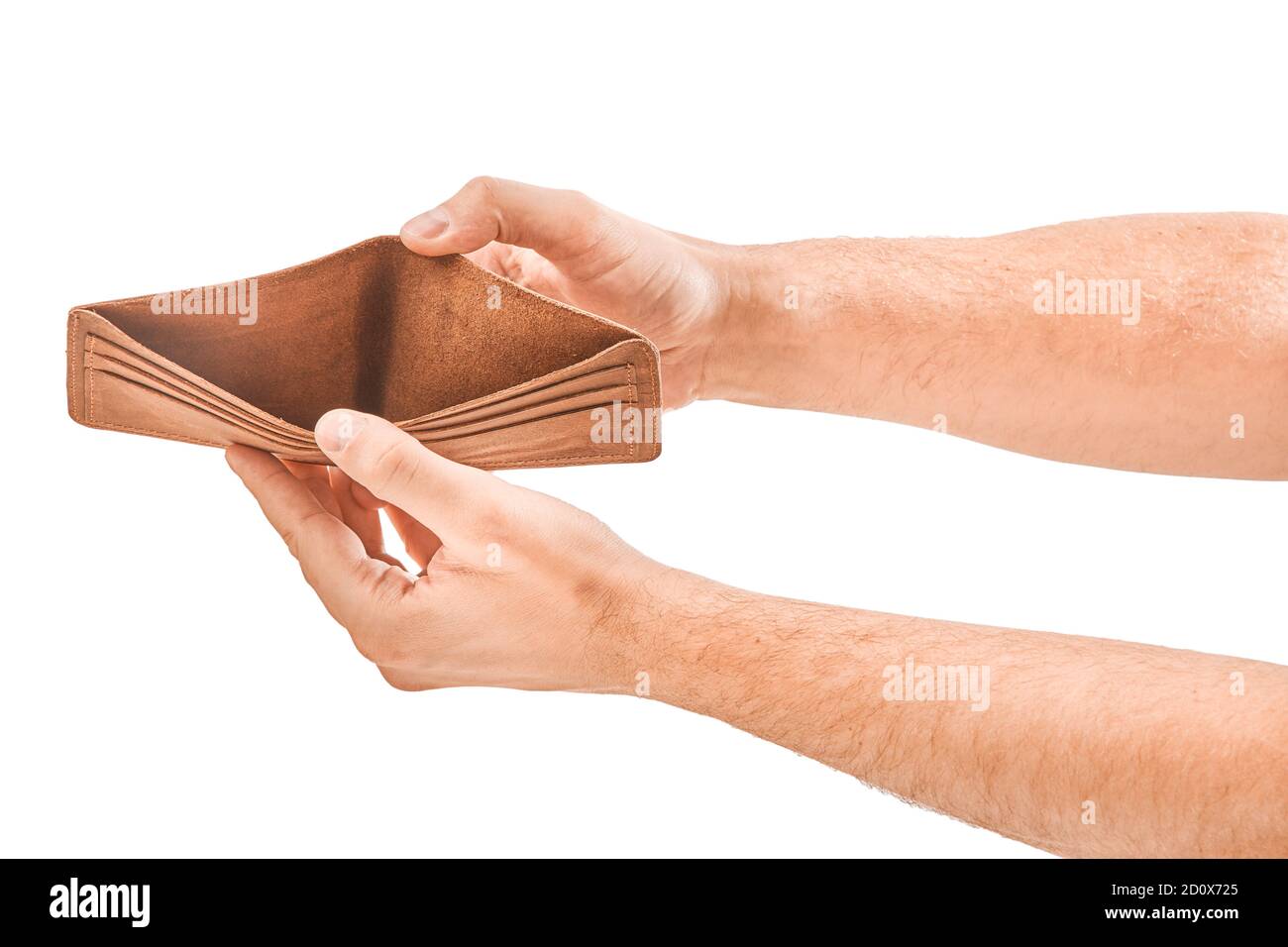 Mann Hand halten die Brieftasche isoliert auf weißem Hintergrund Stockfoto