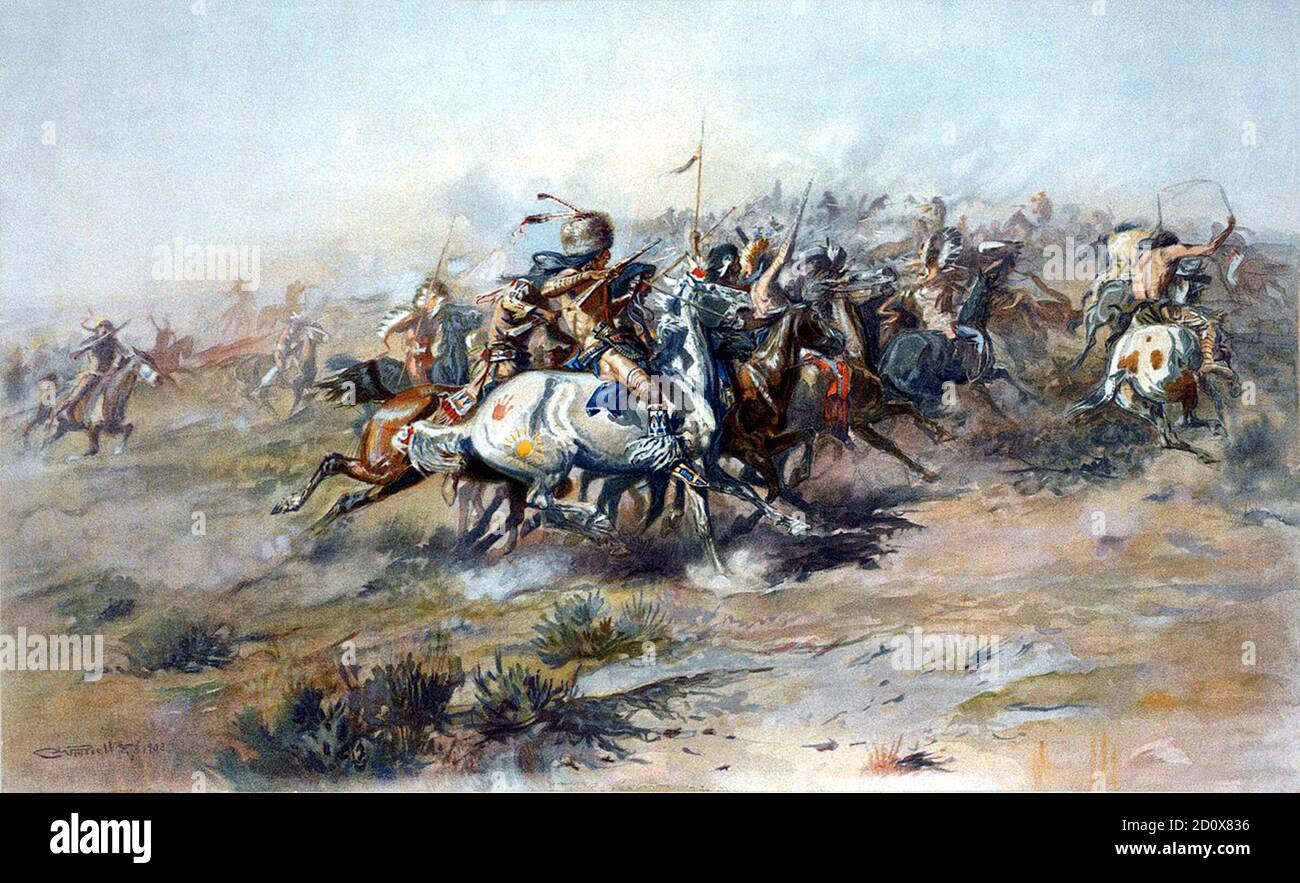 Lithographie zeigt die Schlacht von Little Bighorn, von der indischen Seite. Charles Marion Russell - The Custer Fight (1903), Public Domain Bild durch Alter. Die Schlacht des Kleinen Bighorns, die den Lakota und anderen Plains Indianern als die Schlacht des fettigen Grases bekannt ist und auch allgemein als Custer's Last Stand bezeichnet wird, war eine bewaffnete Auseinandersetzung zwischen Vereinten Kräften der Lakota, Northern Cheyenne, Und Arapaho Stämme und das 7. Kavallerie-Regiment der United States Army. Die Schlacht, die zur Niederlage der US-Streitkräfte führte, war die bedeutendste Aktion des Großen Sioux-Krieges von Stockfoto