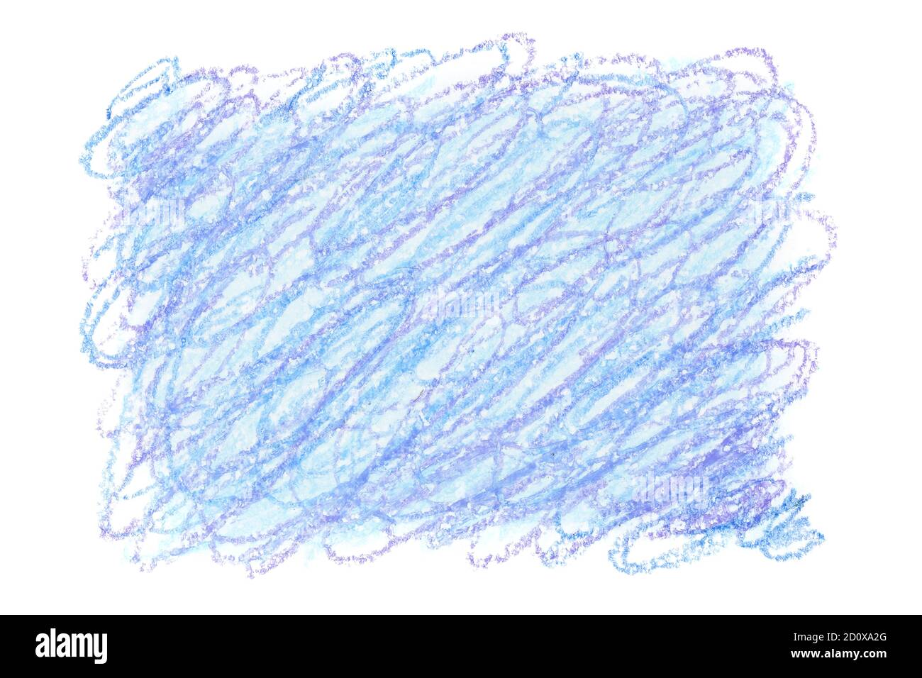 Crayon Doodle Hintergrund. Hellblaues Öl Pastell Rechteck durch Striche isoliert auf dem weißen Hintergrund. Handgezeichnete Textur Stockfoto