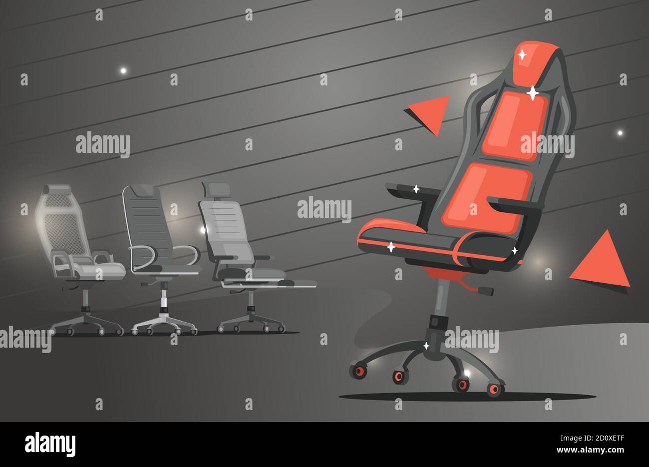 Gaming Stuhl Vektor flach Banner Design. Rot und grau Bürostühle Bürostühle  oder Spielstühle mit Kissen für moderne Büro- oder Kabinetteinrichtung.  Bequemer Sessel zum Spielen oder Arbeiten Stock-Vektorgrafik - Alamy