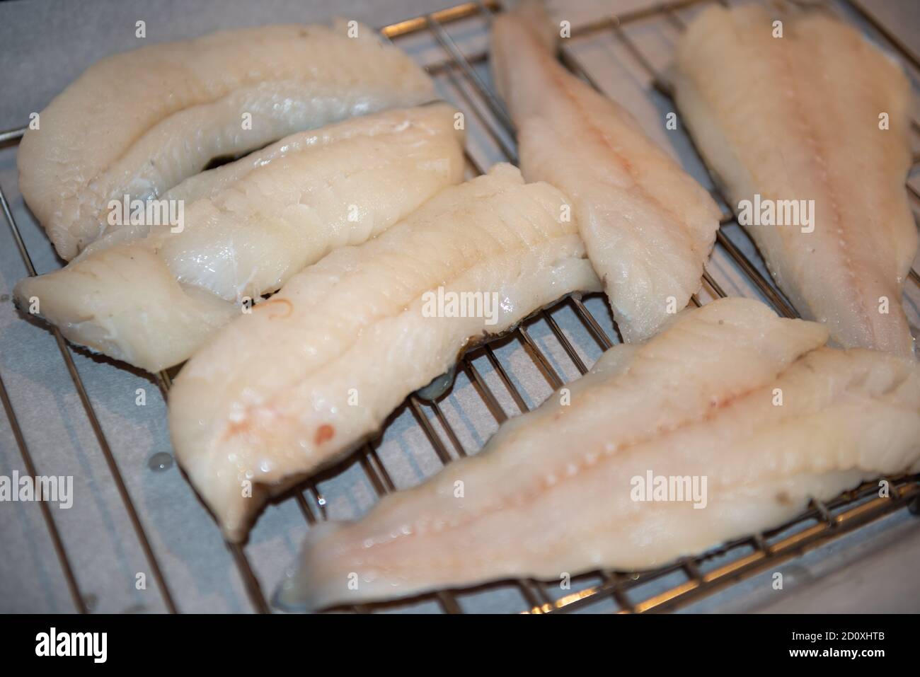 Mehrere weiße Wildcodfish-Filets auf einem Metallgestell trocknen. Der rohe Fisch wird in einer Restaurantküche zubereitet. Stockfoto