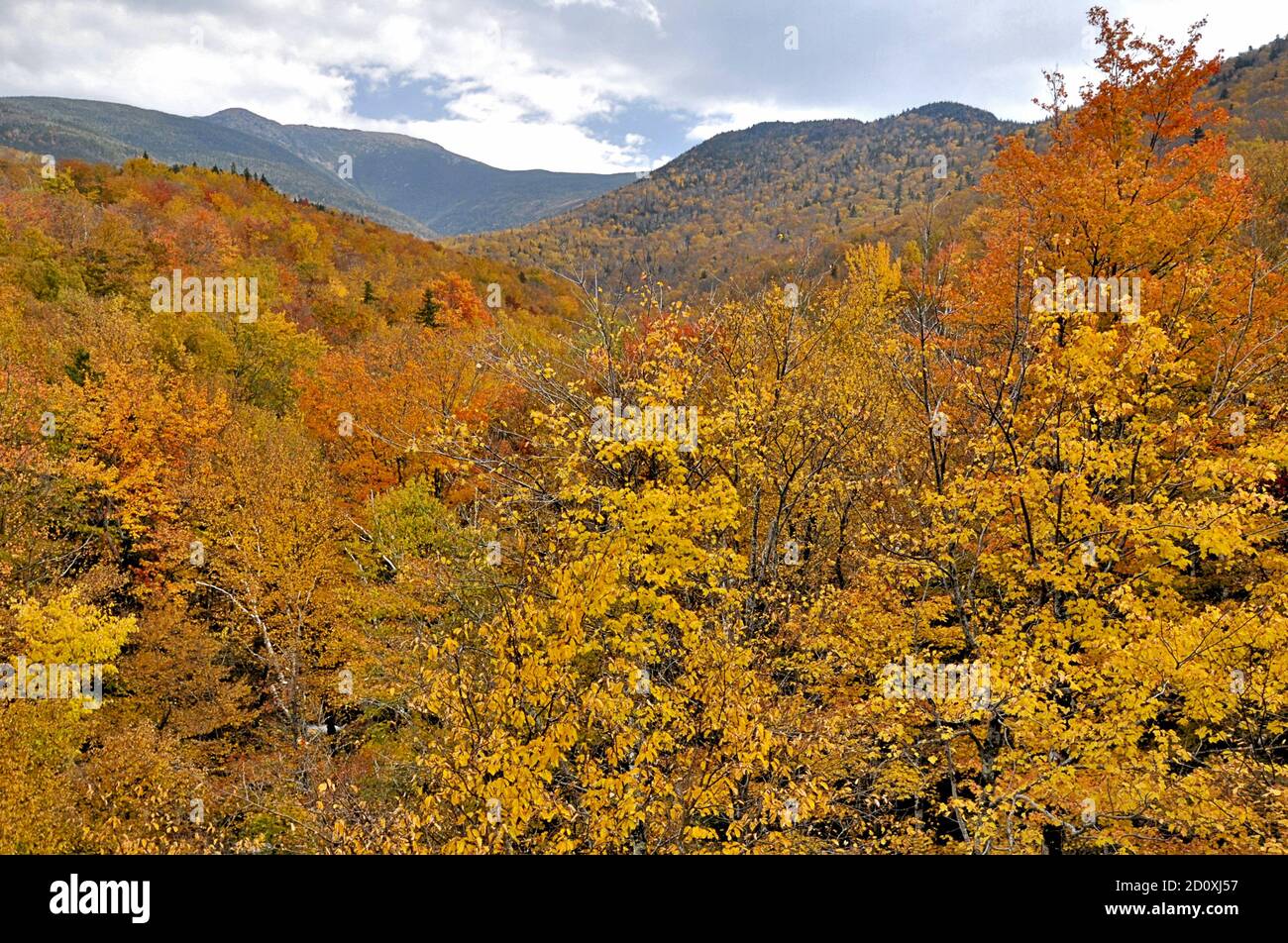 Farbenfrohe Herbstfärbung und Gipfel des Mount Lafayette. Franconia Notch State Park, White Mountains in New Hampshire. Stockfoto