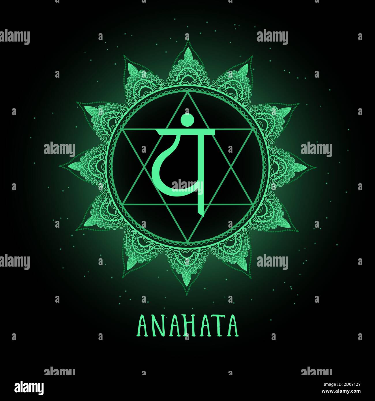 Vektor-Illustration mit Symbol Chakra Anahata auf schwarzem Hintergrund. Rundes Mandala-Muster und handgezeichneter Schriftzug. Farbig. Stock Vektor