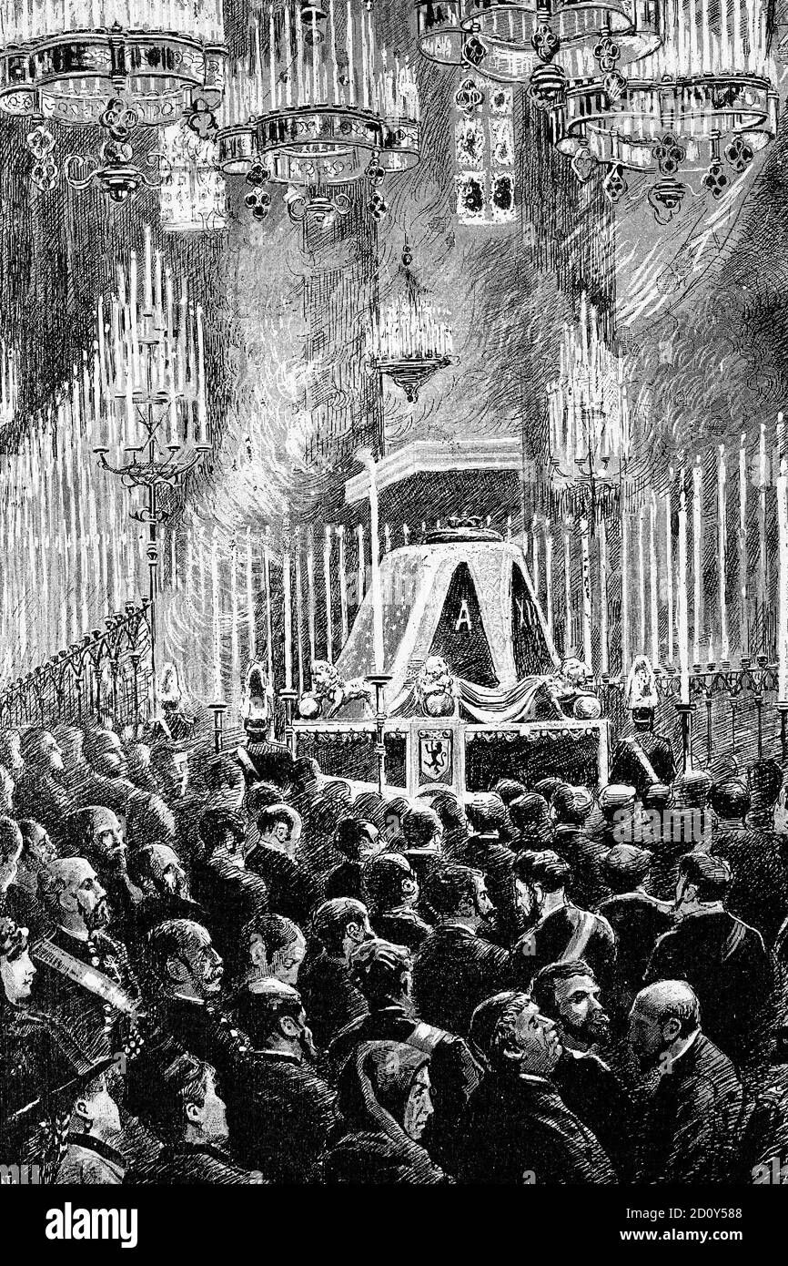 Beerdigung von Alfonso XII, König von Spanien (1857-1885), in der Kathedrale von Barcelona, Spanien. Antike Illustration. 1886. Stockfoto
