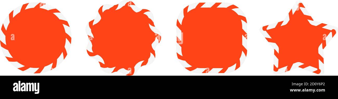 Set von roten Stern und Sonne geformt Barricade Verkauf Aufkleber. Aufkleber mit Schutzfolie. Stock Vektor