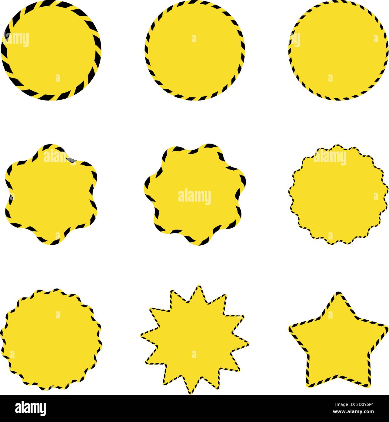 Set von gelben Stern und Sonne geformt Barrikade Verkauf Aufkleber. Aufkleber mit Schutzfolie. Stock Vektor