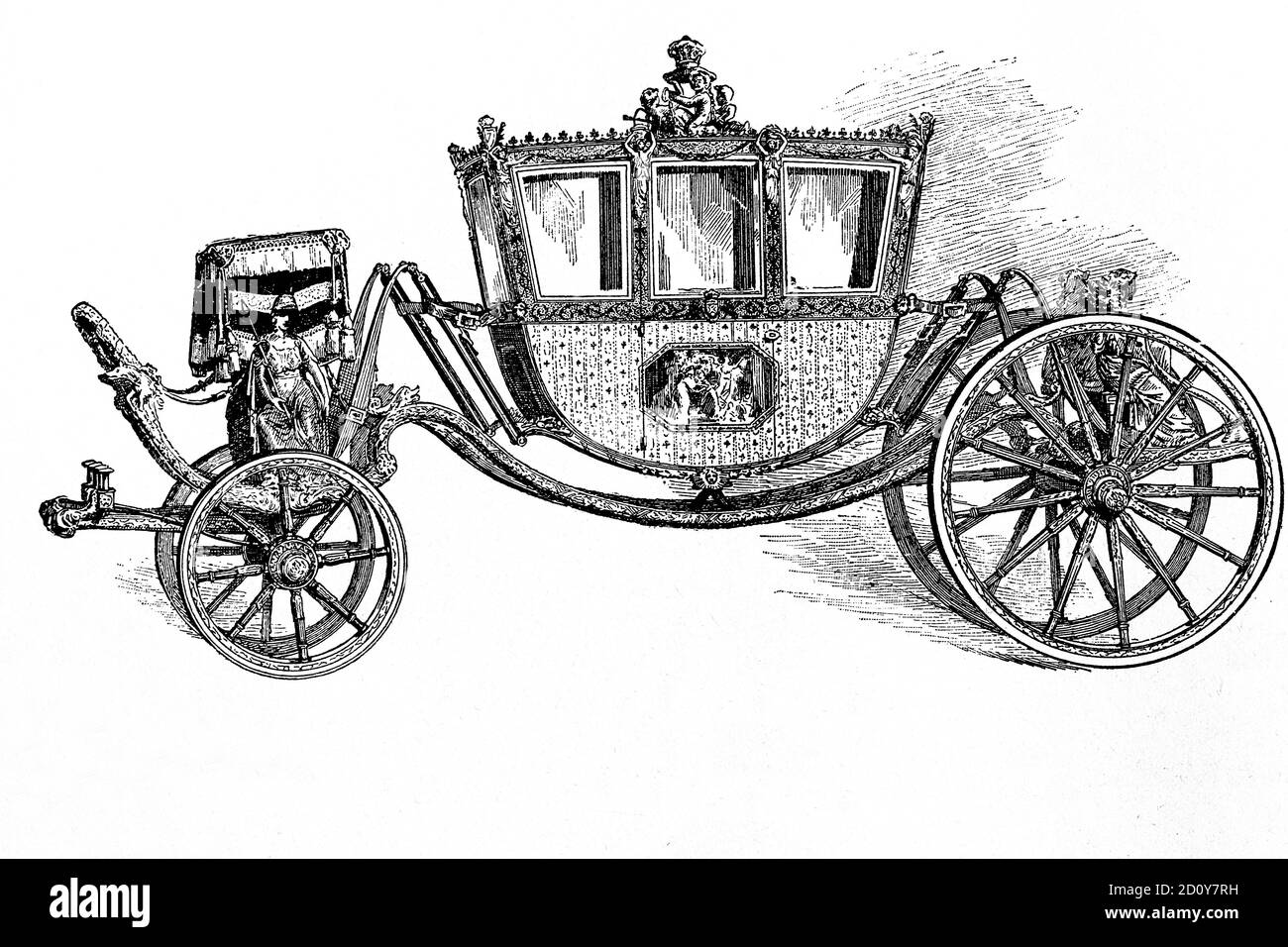 Historische englische Kutsche. Der Festwagen des irischen Bundeskanzlers. Museum of South Kensington. Antike Illustration. 1886. Stockfoto