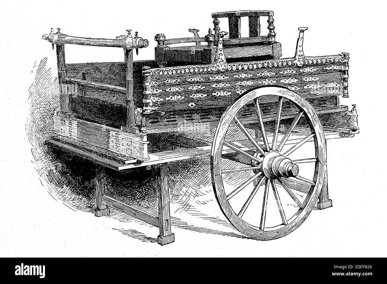 Historische englische Kutsche. Prähistorische Kutsche aus Dänemark. Museum of South Kensington. Antike Illustration. 1886. Stockfoto