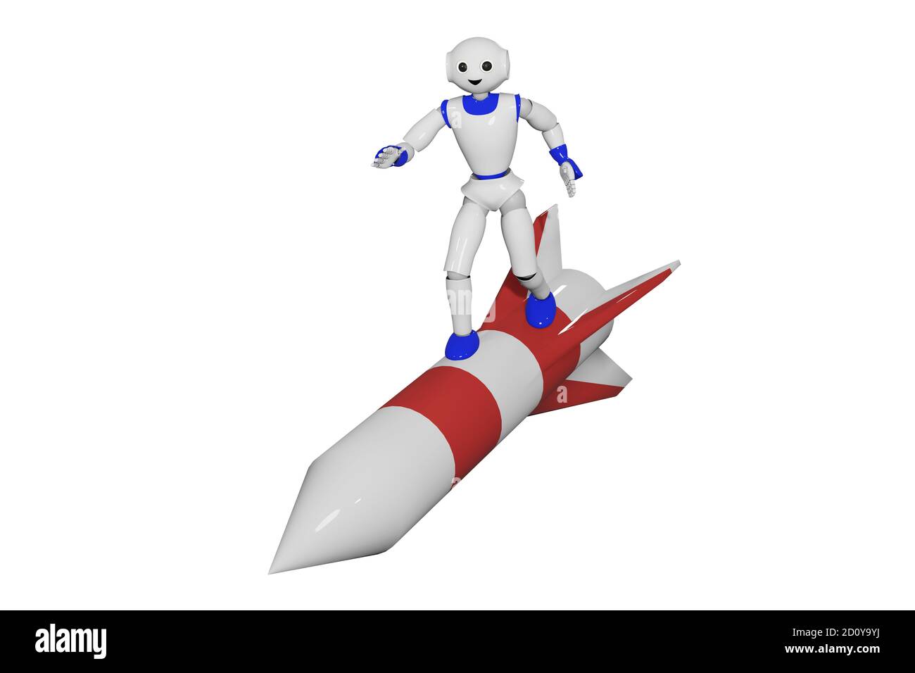 Netter 3d-Roboter steht auf einer Rakete. 3d-Rendering Stockfoto