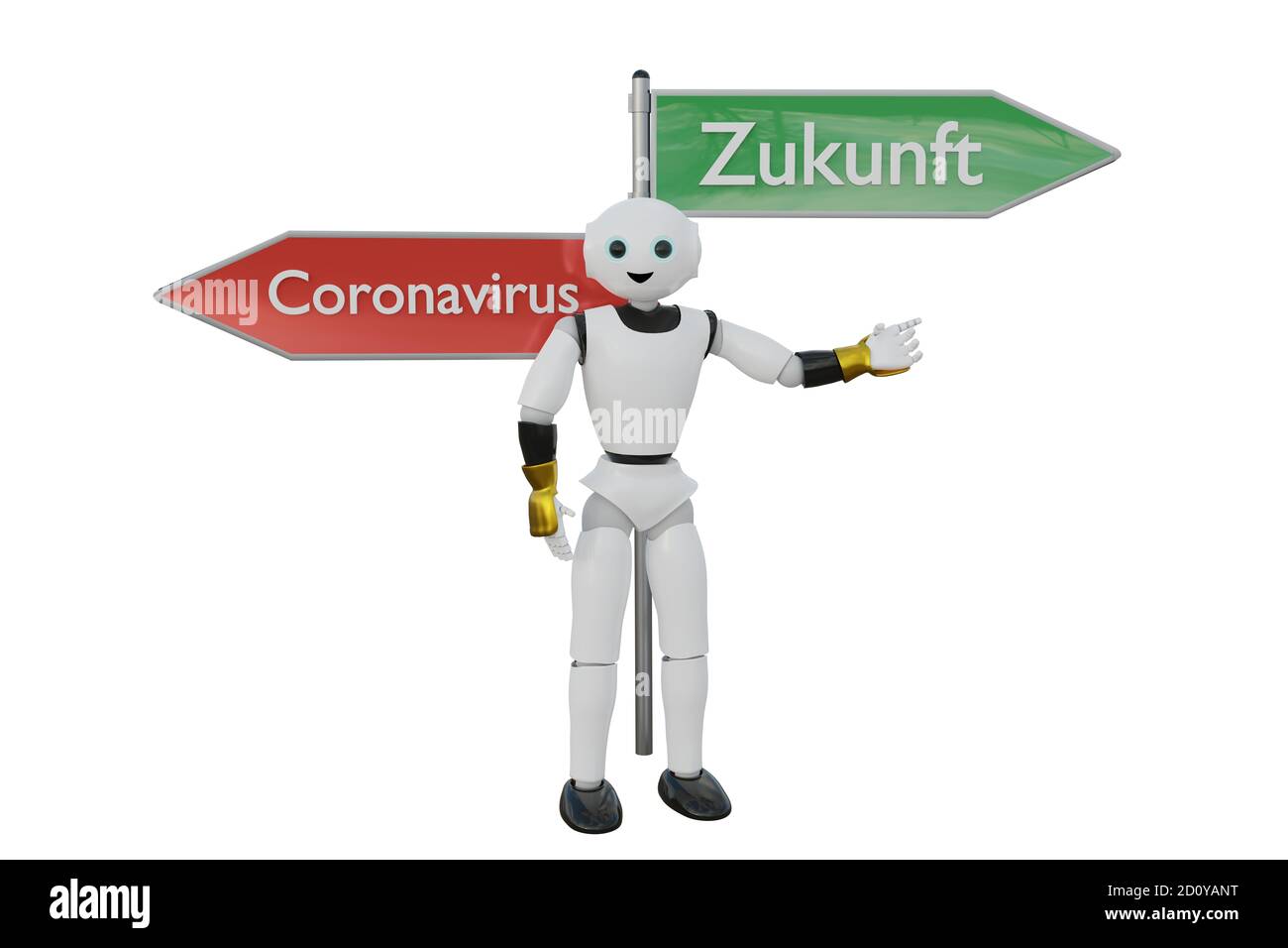 3d-Roboter steht an einem Schild, das Coronavirus und "Zukunft" auf Deutsch sagt. Er trifft eine Entscheidung über die Zukunft, indem er mit dem Finger zeigt. 3D-Rendering Stockfoto